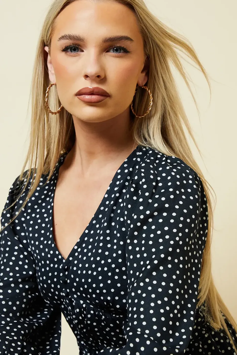 Petite Spot Button Front Tiered Long Sleeve Mini Dress