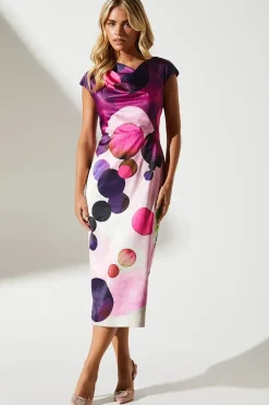 Petite Spot Print Cowl Neck Midi Wedding Guest Dress In Satin
