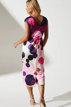Petite Spot Print Cowl Neck Midi Wedding Guest Dress In Satin