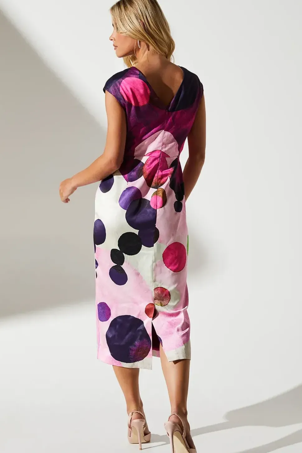 Petite Spot Print Cowl Neck Midi Wedding Guest Dress In Satin