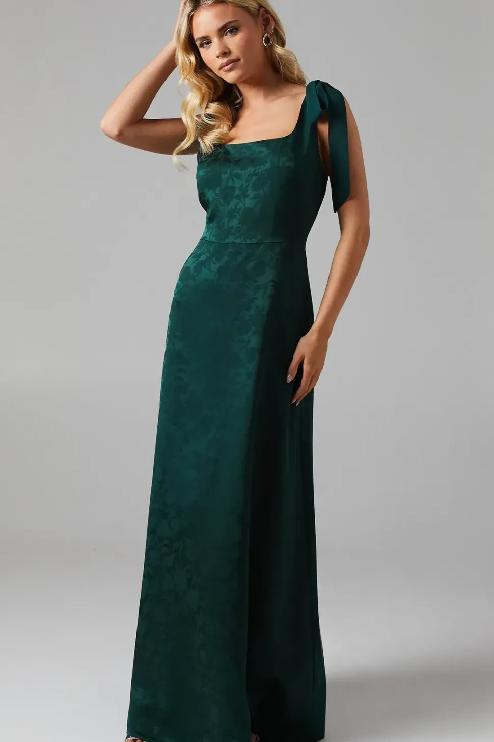 Petite Square Neck Chiffon Tie Shoulder Satin Jacquard Bridesmaids Dress