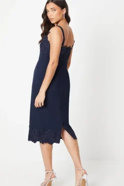 Petite Square Neck Lace Detail Crepe Pencil Dress