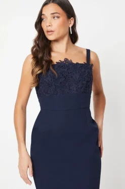 Petite Square Neck Lace Detail Crepe Pencil Dress