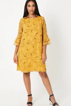Petite Stencil Floral Flute Sleeve Shift Dress