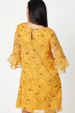 Petite Stencil Floral Flute Sleeve Shift Dress