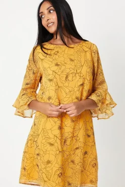 Petite Stencil Floral Flute Sleeve Shift Dress