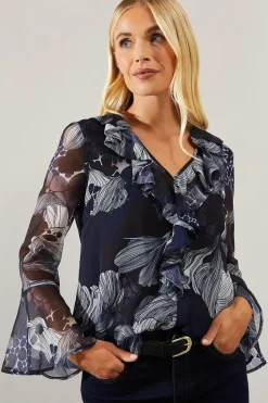Petite Stencil Floral Ruffle Detail Blouse