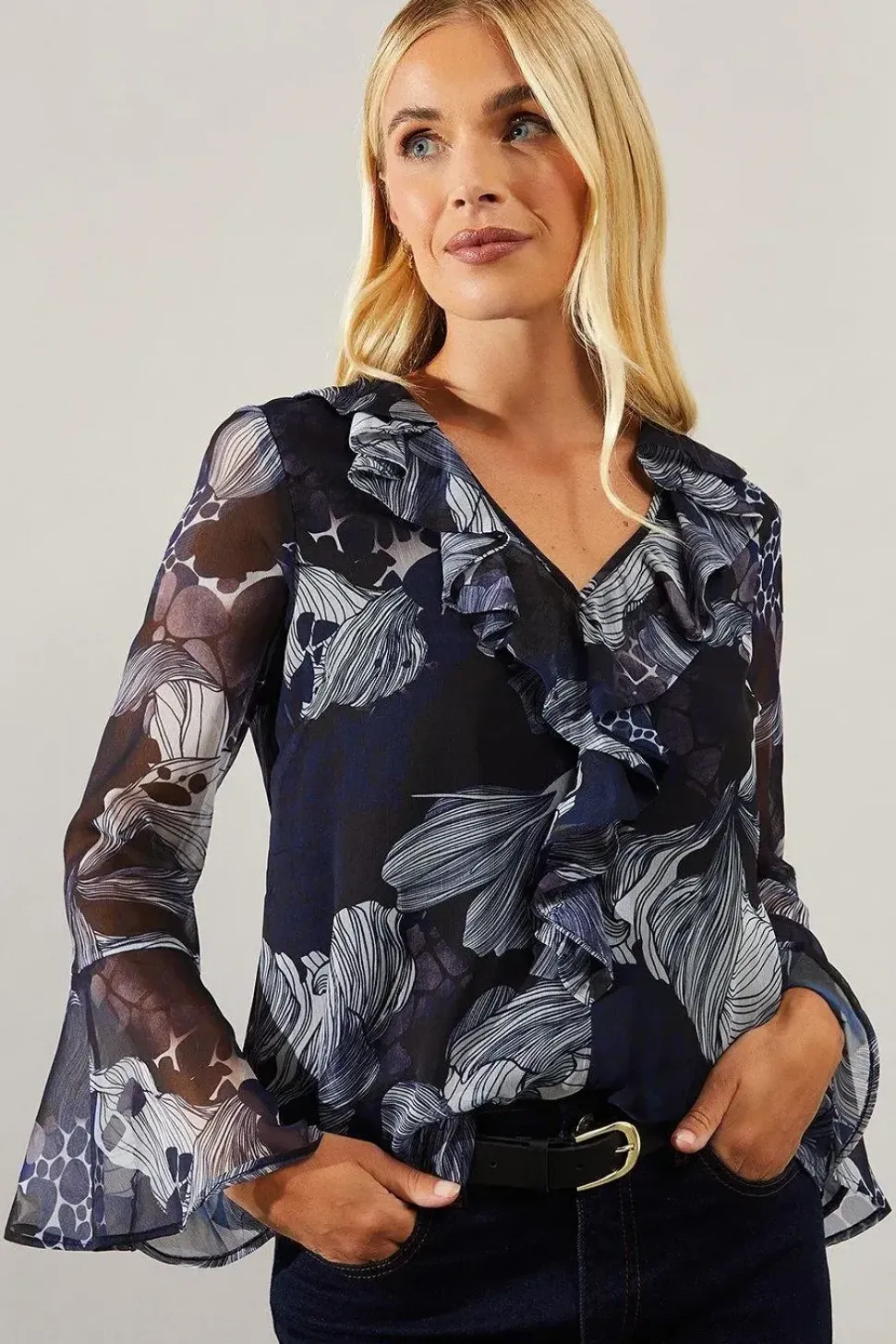 Petite Stencil Floral Ruffle Detail Blouse