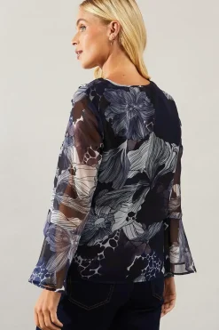 Petite Stencil Floral Ruffle Detail Blouse