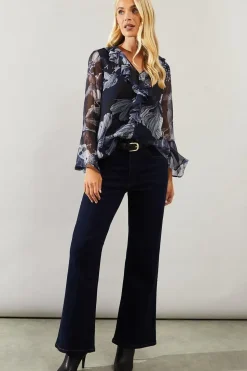 Petite Stencil Floral Ruffle Detail Blouse