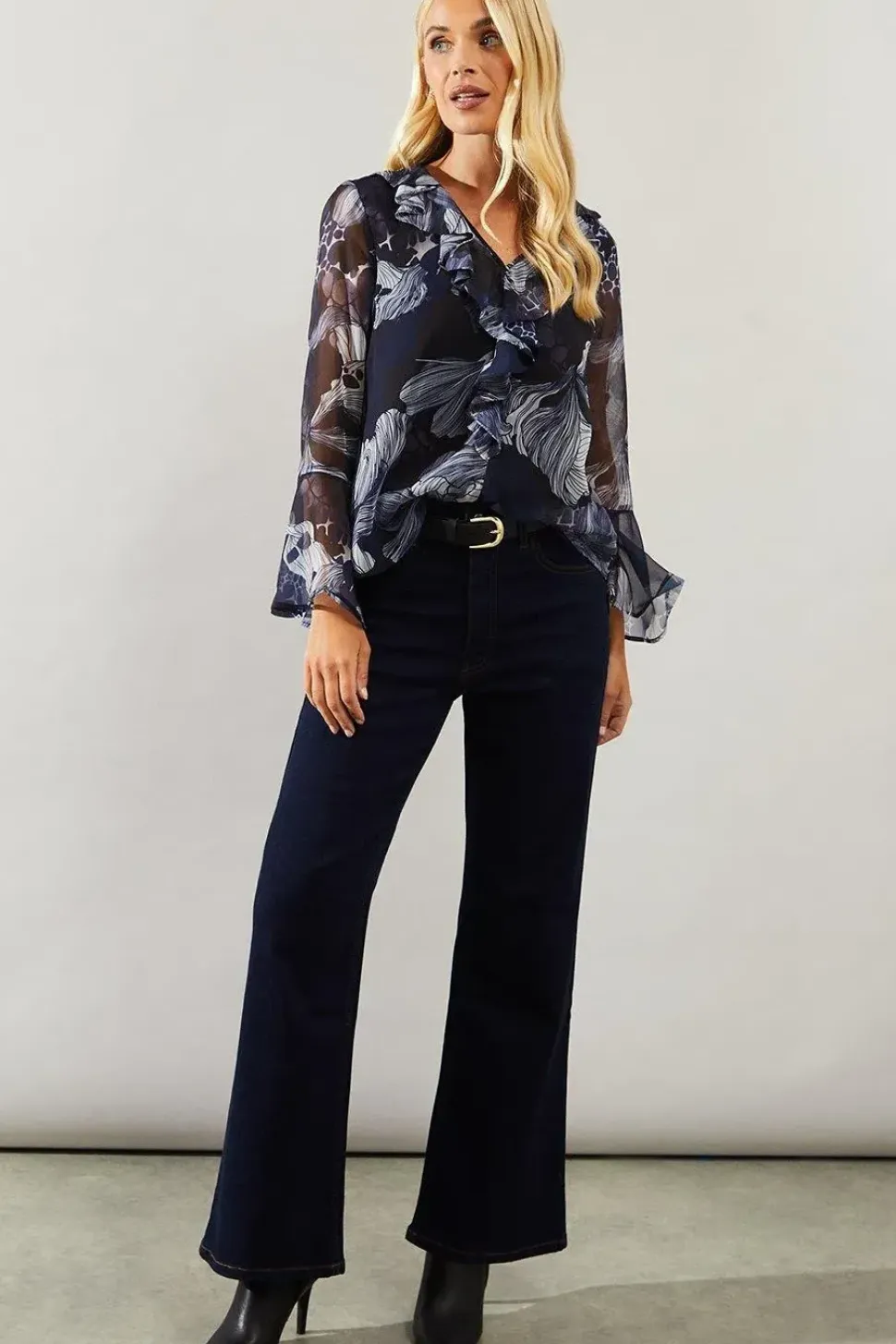 Petite Stencil Floral Ruffle Detail Blouse
