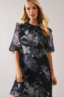 Petite Stencil Floral Volume Sleeve Shift Dress