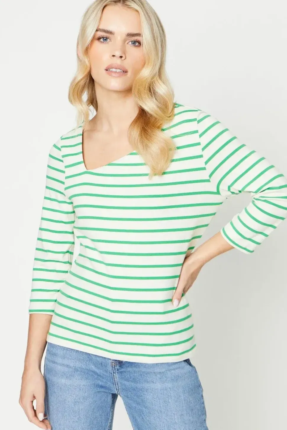 Petite Stripe Asymmetric Neck ¾ Sleeve Jersey Top
