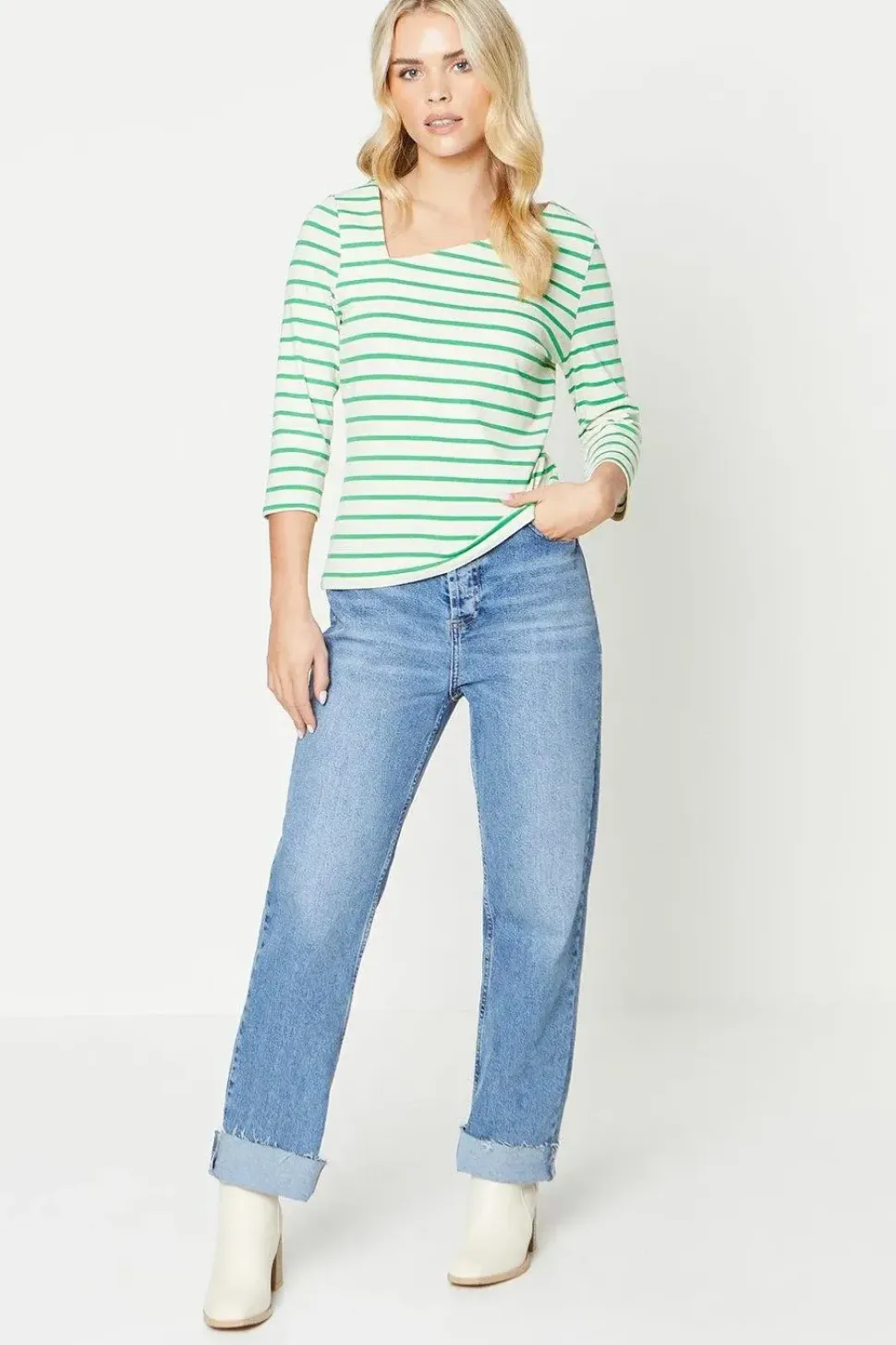 Petite Stripe Asymmetric Neck ¾ Sleeve Jersey Top