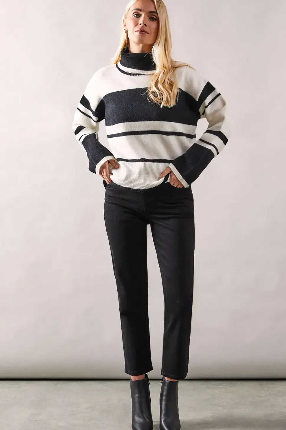Petite Striped Colour Block Roll Neck Jumper