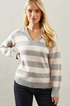 Petite Striped Detail V Neck Jumper