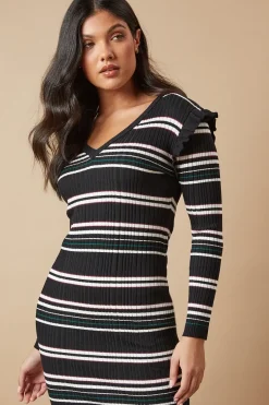 Petite Striped Ribbed Frill Shoulder V Neck Knitted Midi Dress