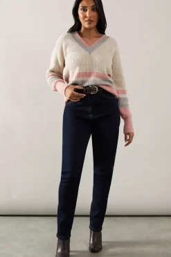 Petite Striped V Neck Jumper