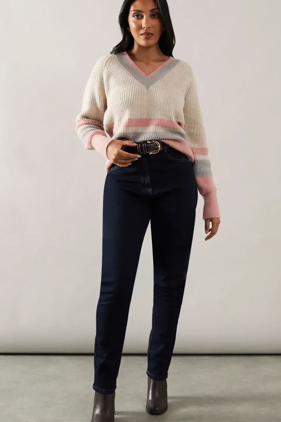 Petite Striped V Neck Jumper