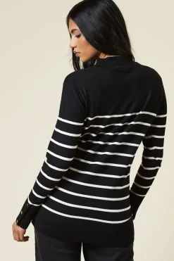 Petite Stripe Funnel Neck Button Cuff Longline Jumper