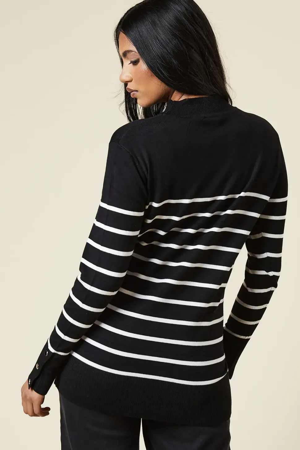 Petite Stripe Funnel Neck Button Cuff Longline Jumper