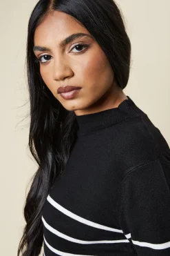 Petite Stripe Funnel Neck Button Cuff Longline Jumper