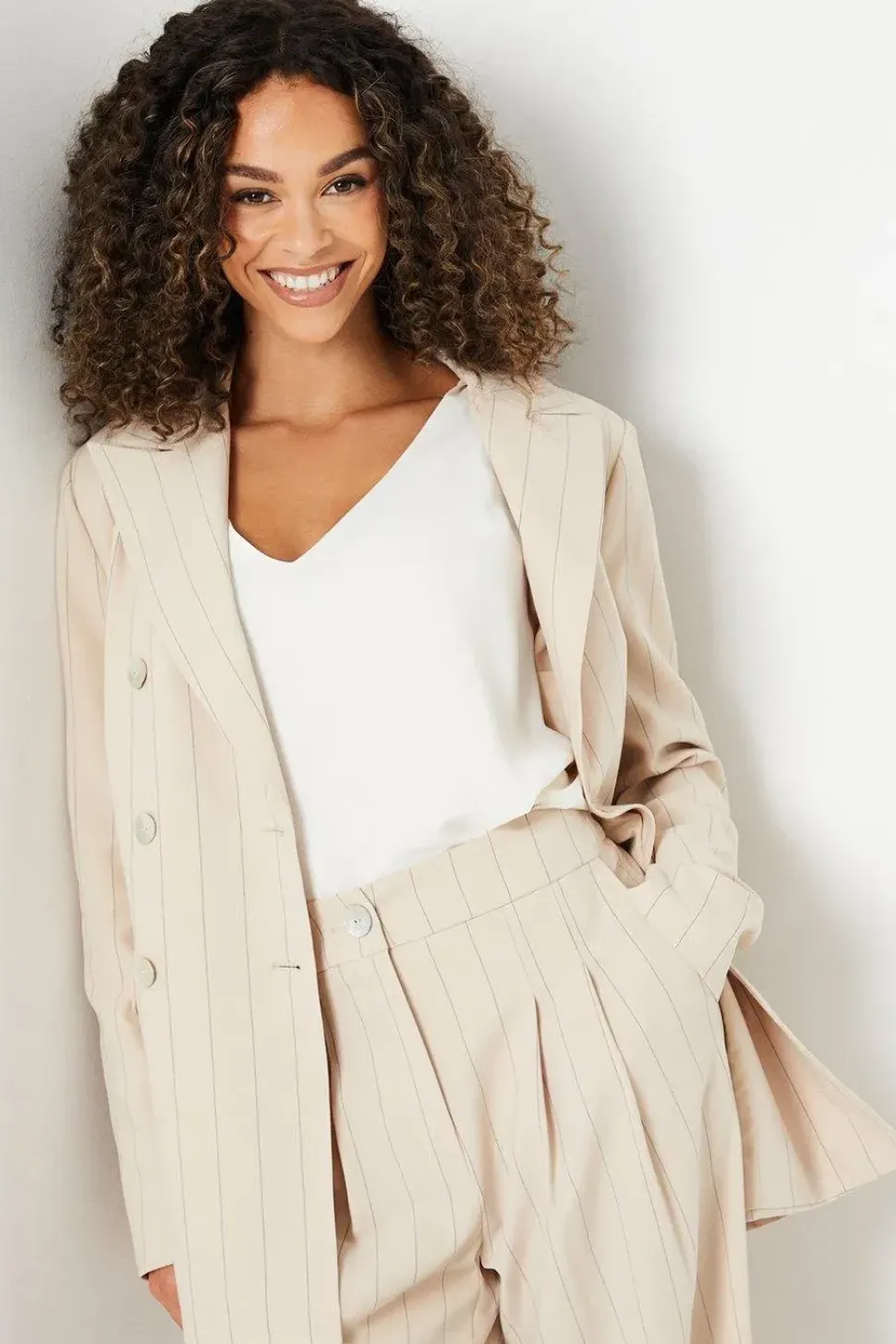 Petite Stripe Longline Double Breasted Blazer