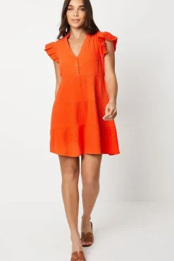 Petite Textured Muslin Frill Sleeve Tiered Mini Dress