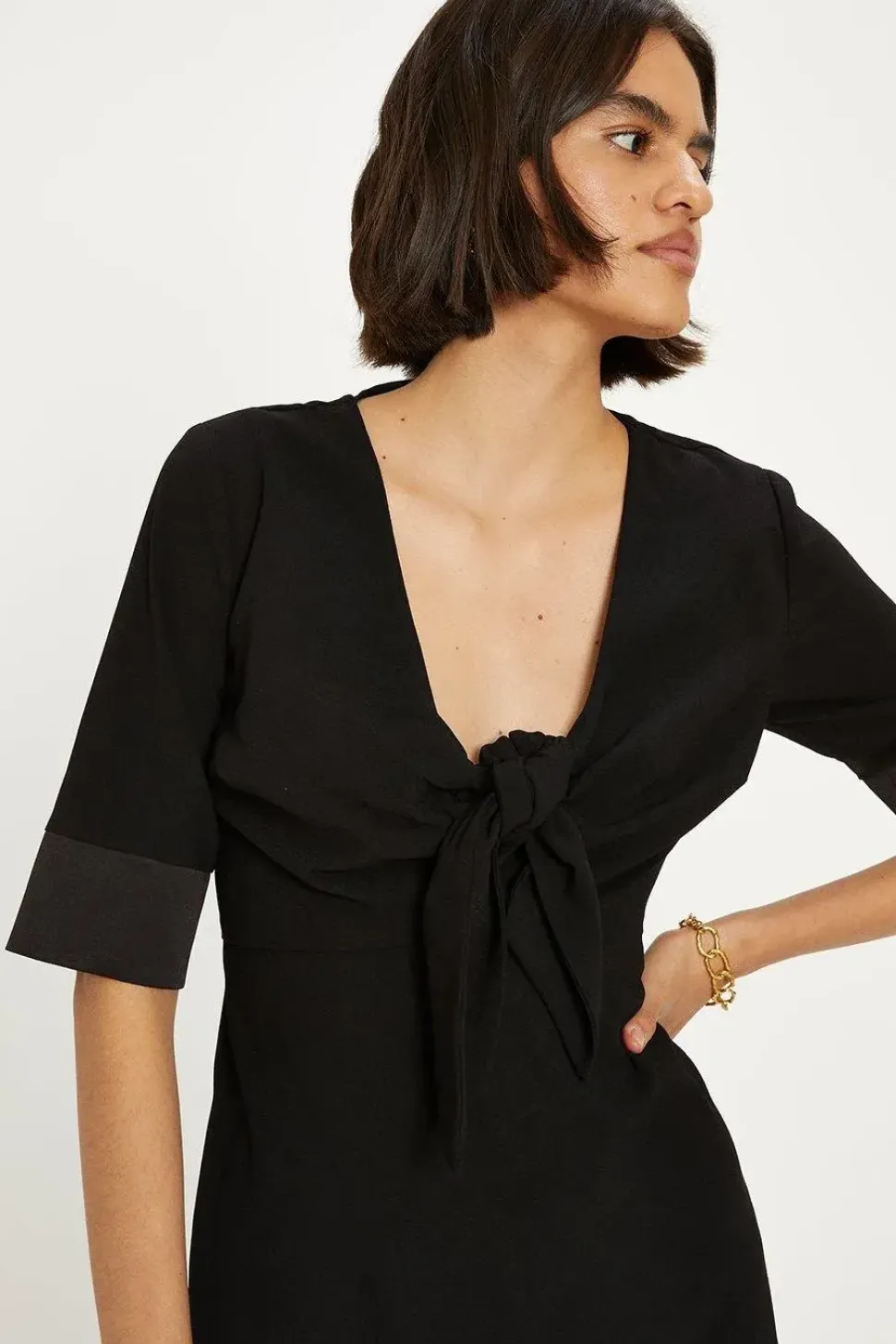 Petite Tie Front Crepe Satin Trim Mini Dress