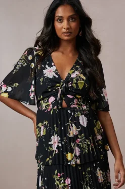 Petite Tie Front Pleated Tiered Midi Dress