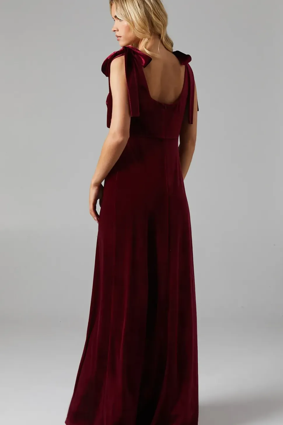 Petite Tie Shoulder Velvet Bridesmaids Maxi Dress