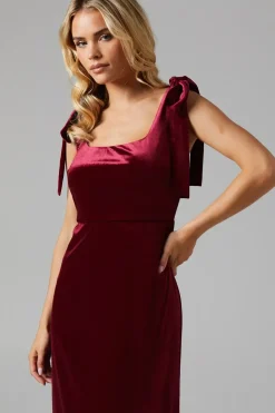 Petite Tie Shoulder Velvet Bridesmaids Maxi Dress