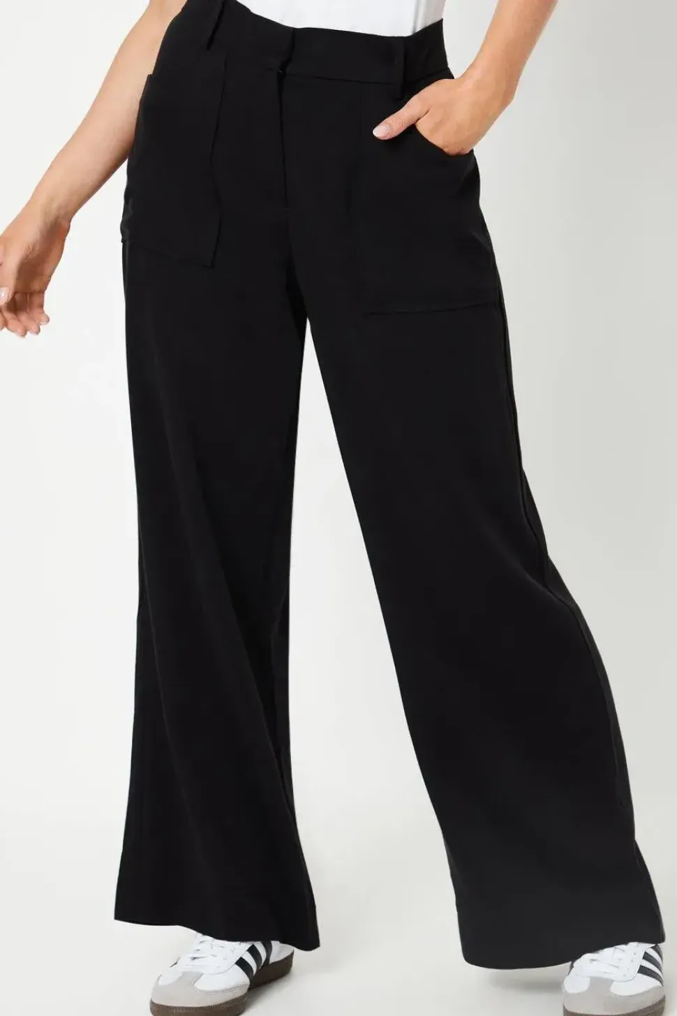 Petite Top Stitch Patch Pocket Wide Leg Trouser