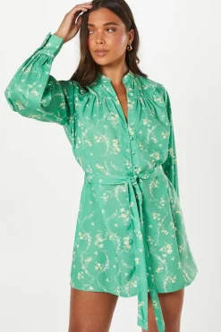 Petite Trailing Floral Poly Moss Crepe Button Down Belted Mini Dress