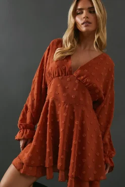 Petite Tufted Dobby Chiffon Plunge Neck Mini Dress