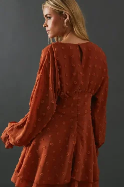 Petite Tufted Dobby Chiffon Plunge Neck Mini Dress