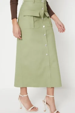 Petite Twill Pocket Button Through Maxi Skirt