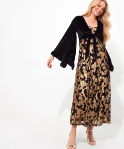 Petite Velour Kimono Sleeve V- Neck Appliqué Maxi Dress