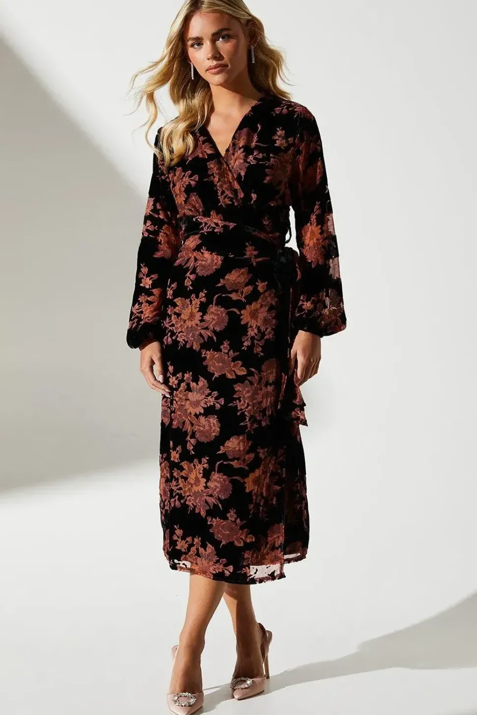 Petite Velvet Devore Blouson Sleeve Wrap Dress