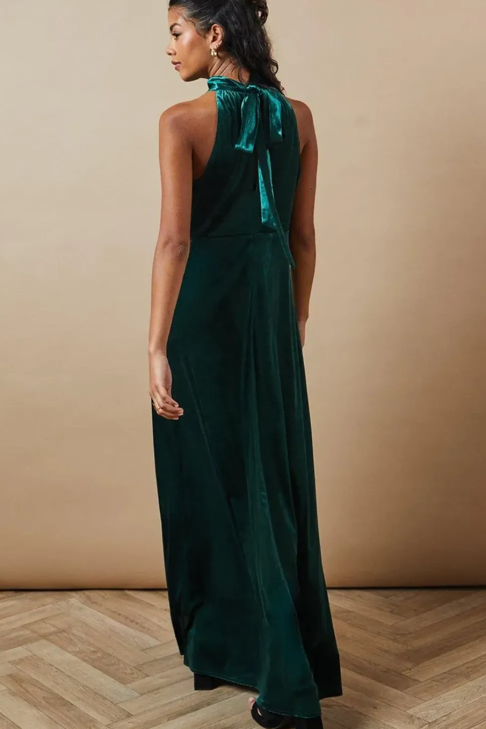 Petite Velvet Halter Bias Cut Maxi Bridesmaids Dress