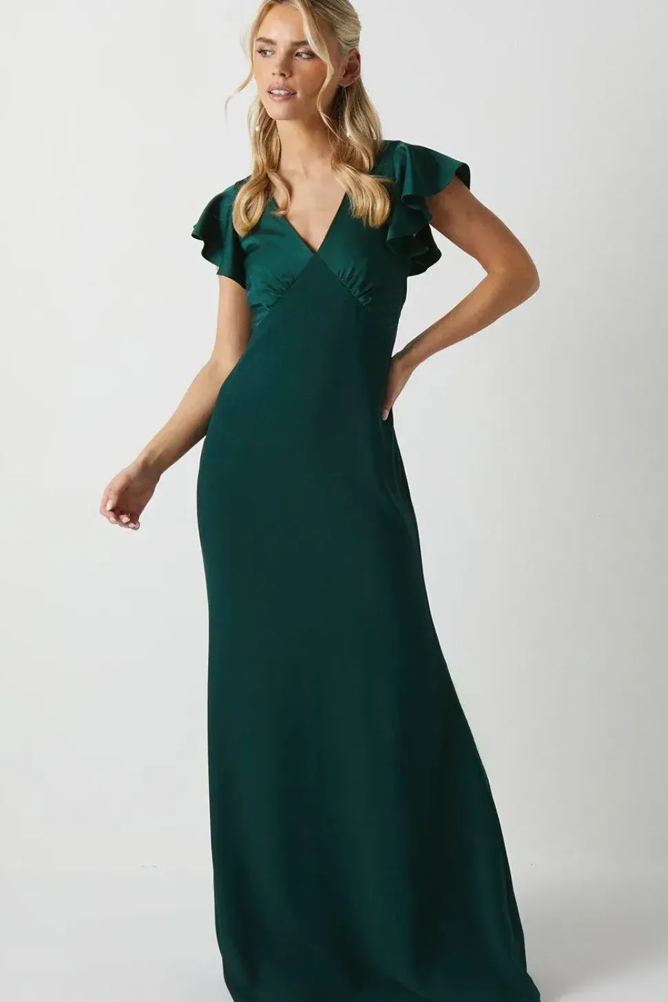 Petite V Neck Angel Sleeve Satin Bridesmaids Dress