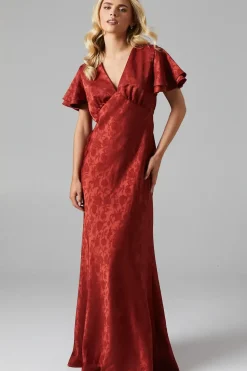 Petite V Neck Angel Sleeve Satin Jacquard Bridesmaids Dress