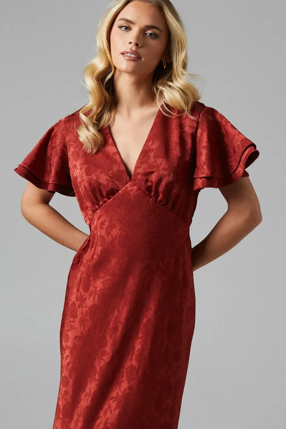 Petite V Neck Angel Sleeve Satin Jacquard Bridesmaids Dress