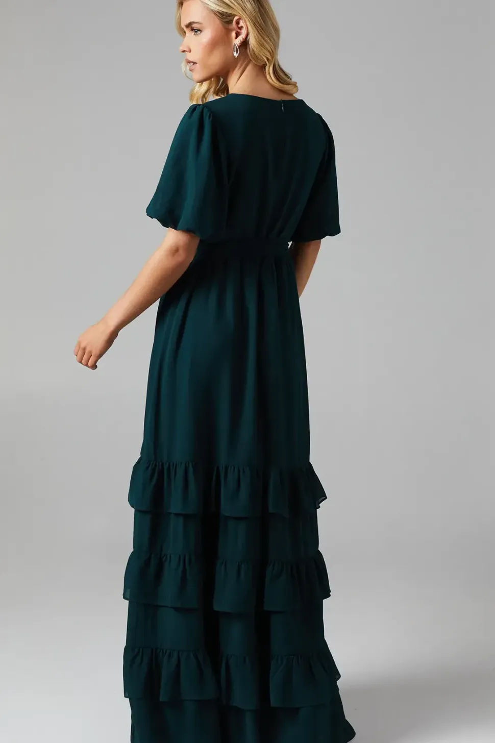 Petite V Neck Puff Sleeve Tiered Georgette Bridesmaids Dress