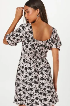 Petite Waist Detail Puff Sleeve Mini Dress