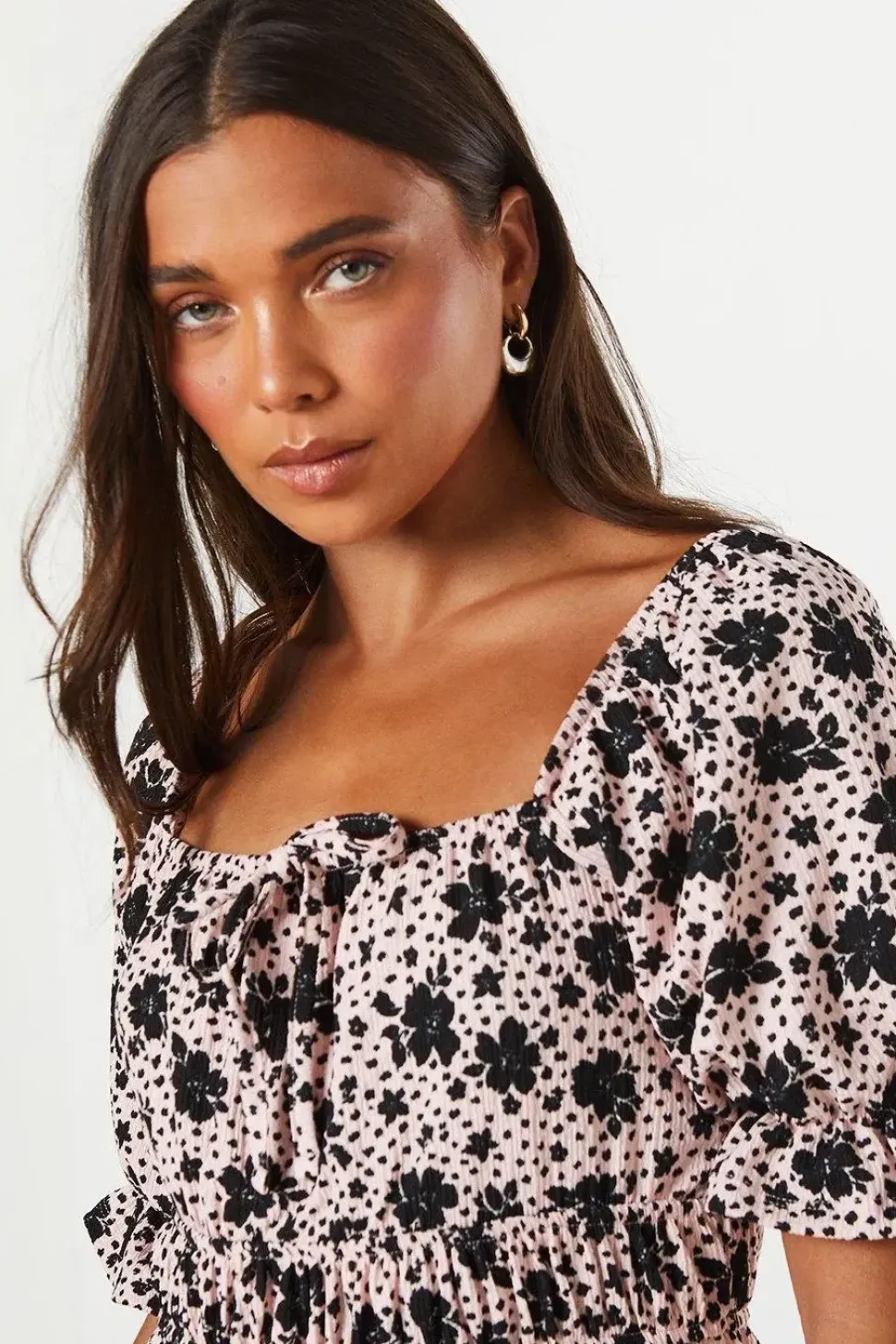 Petite Waist Detail Puff Sleeve Mini Dress
