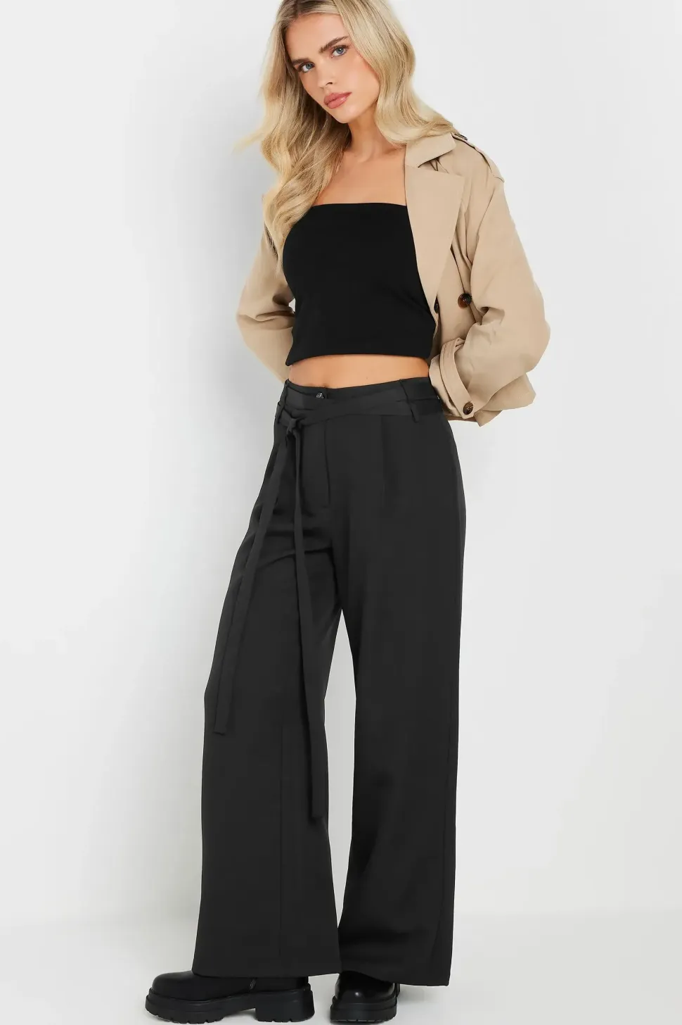 Petite Wrap Belt Wide Leg Trousers