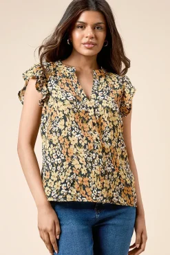 Petite Yellow Floral Button Front Ruffle Shell Top