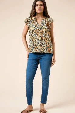 Petite Yellow Floral Button Front Ruffle Shell Top