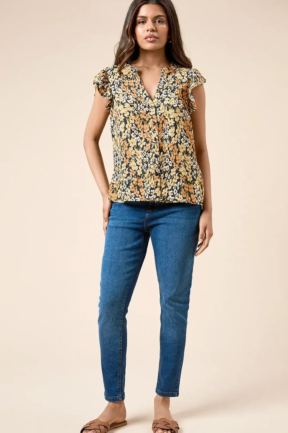 Petite Yellow Floral Button Front Ruffle Shell Top